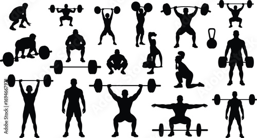 Weightlifting silhouettes, strength training vector, barbell workout poses, fitness exercise graphic, gym lifting people, powerlifting figures, squat and lift design