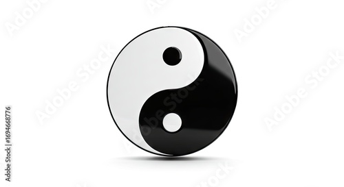 A glossy black and white Yin and Yang symbol with reflective surfaces