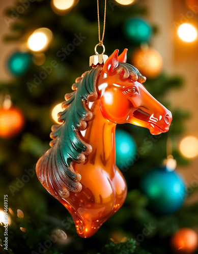 Close-Up of Horse Ornament on Ornamented Christmas Tree with Festive Lights
