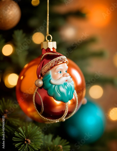Festive Santa Ornament Hanging on Christmas Tree With Colorful Lights
