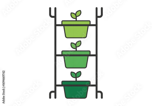 Flat icon of vertical garden rack, three plant pots stacked, PNG, no shadows
