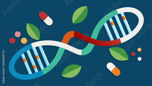 DNA Helix and Supplements A stylized DNA double helix intertwined with various vitamin capsules and herbal supplements representing the connection between genetics and personalized