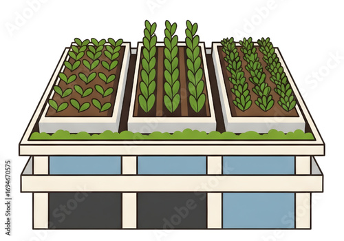 Flat urban farm icon, building with three crop rows, PNG, no shadows
