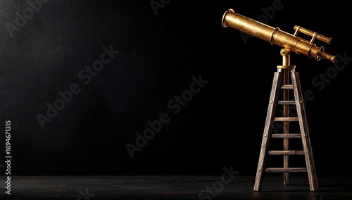 Vintage telescope on dark wooden table