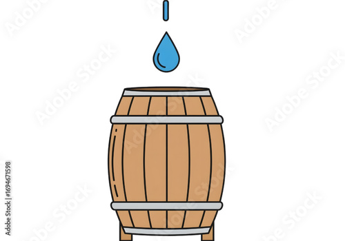 Simple water collector barrel icon with one drop, PNG, no shadows