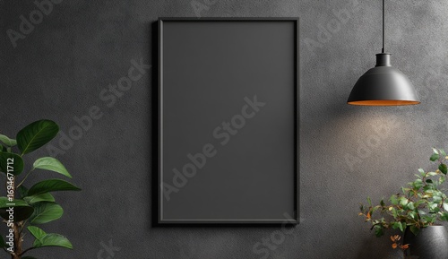 Blank framed art display against dark textured wall
