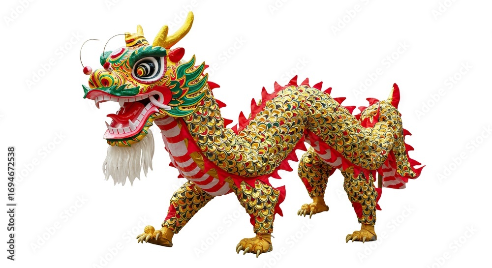 Fototapeta premium A colorful elaborate Chinese dragon costume on a white background displaying intricate details and vibrant colors