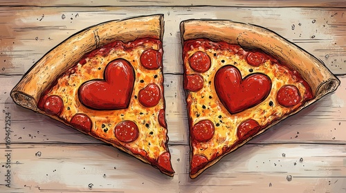 Two pieces of pepperoni pizza with hearts. Pepperoni pizza, mozzarella. Italian pizza. Romantic date in a restaurant. Valentine's Day. Love card template.