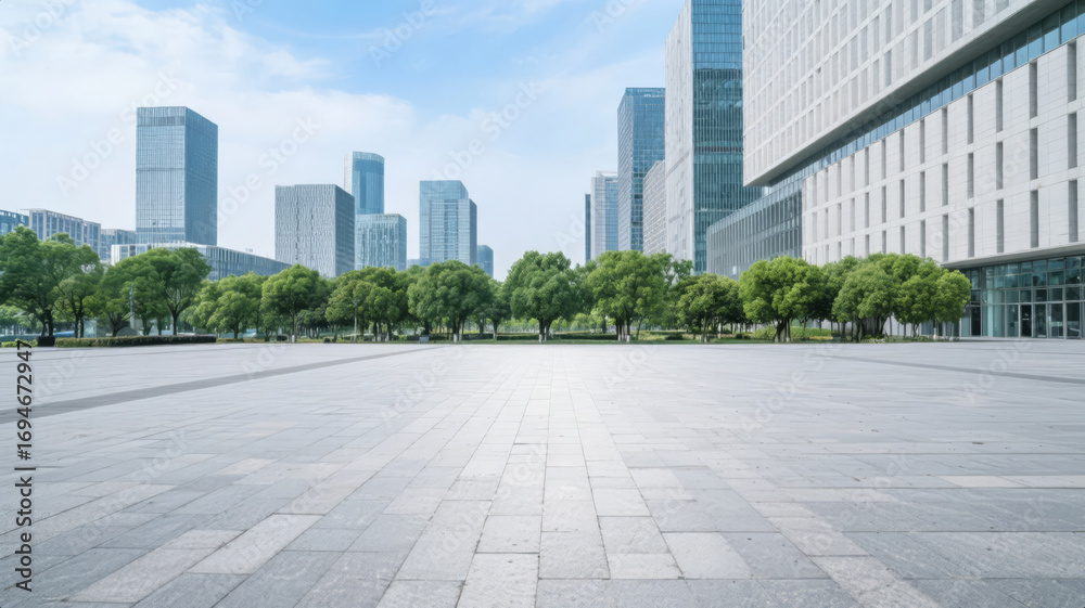 Fototapeta premium Modern City Square with a Business District and Office Buildings Against a Blue Sky