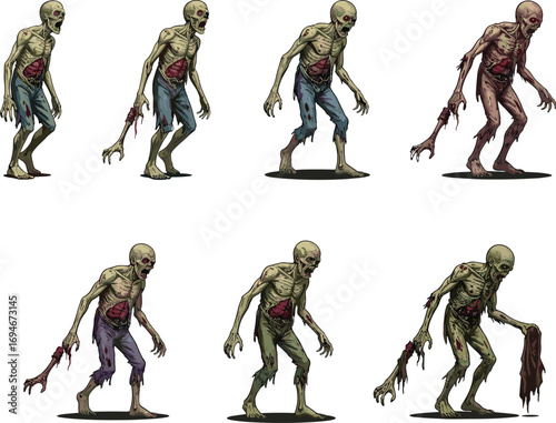 Creepy zombie walking animation frames, horror character design, undead creature in tattered clothes, scary Halloween illustration, spooky monster concept art.