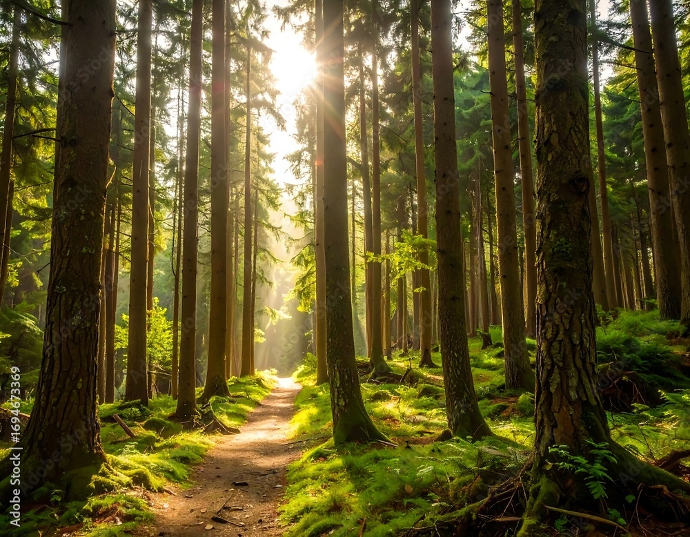 Fototapeta premium Sunlit path through a dense forest