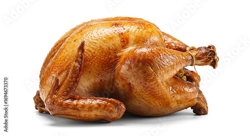 A cooked turkey with goldenbrown skin sits on a white surface