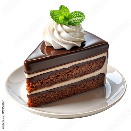 Decadent slice of chocolate cake with whipped cream and mint isolated on transparent background