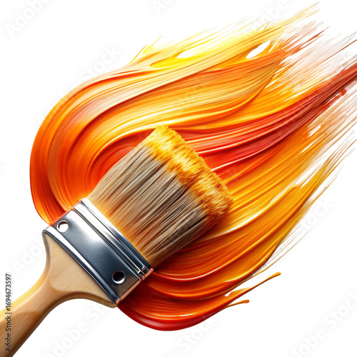 Paintbrush with vibrant orange and yellow paint strokes isolated on transparent background