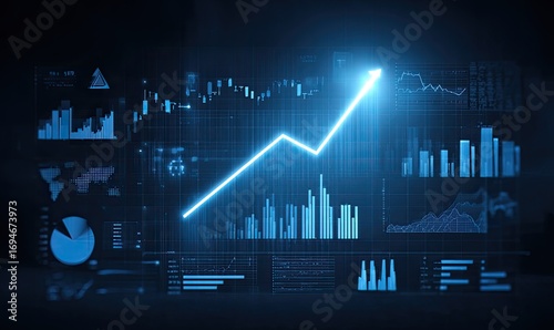Futuristic data dashboard showing upward trend