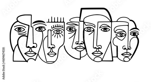 Abstract line art faces capturing diverse human emotions and expressions for modern design
