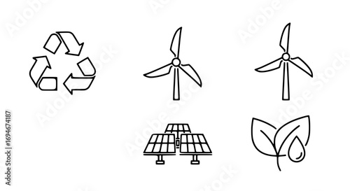Clean energy icons featuring recycling symbol, wind turbines, solar panels, and leaf with water drop.