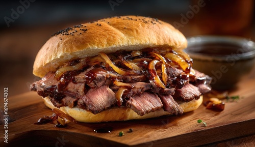 Delicious roast beef sandwich with caramelized onions