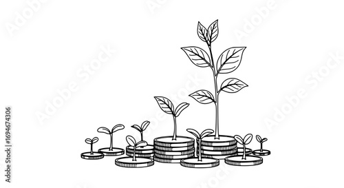 Money tree sprouts grow from stacked coins representing financial success and investment growth