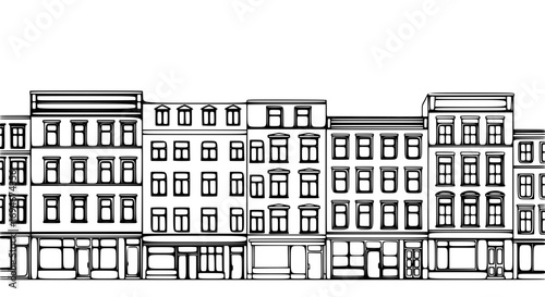 Charming row of black and white hand-drawn buildings with storefronts and windows