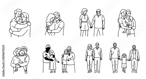 Diverse families embracing love and connection in heartwarming line art scenes