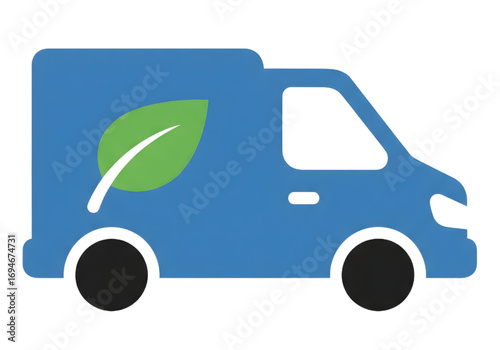 Flat electric delivery van icon with one leaf detail, PNG, no shadows