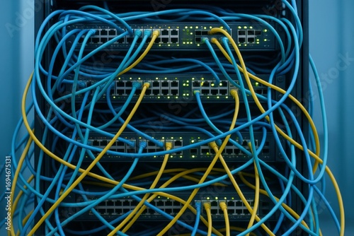 Tangled ethernet network cables connect servers, their yellow and blue colors representing digital infrastructure challenges within modern data centers.