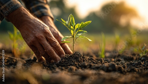 Hands planting a seedling in the earth at sunset