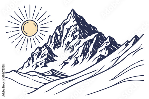 Minimalist mountain range with a rising sun in a clean line art style