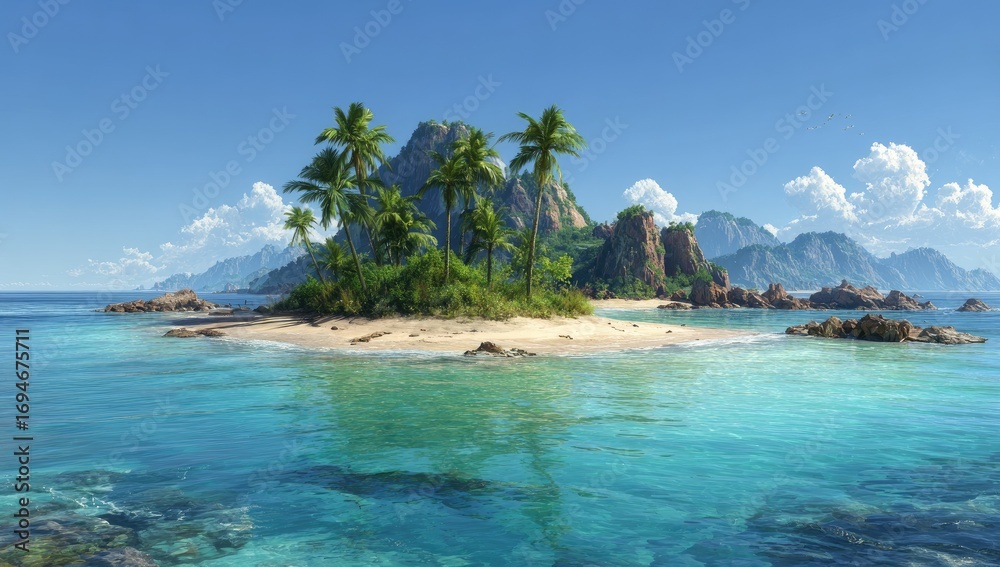 Fototapeta premium Tropical island paradise. Lush greenery, white sand beach, turquoise water