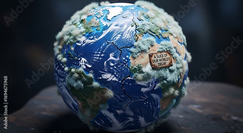 A detailed 3d model of a decaying globe, highlighting the cracked surface and a  textured, moldy,  depressing atmosphere.