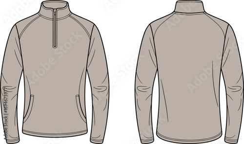 Men’s long sleeve pullover flat sketch, front and back views, half zip jacket design, casual outerwear, sporty athletic wear, comfortable clothing, fashion garment template.