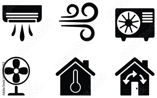 Black and white vector icons representing air conditioning and home temperature control systems, HVAC and climate control symbols, household appliance design elements, energy and comfort illustration 