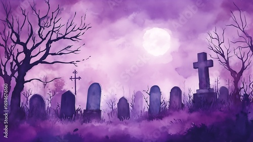 Eerie Purple Halloween Cemetery Scene, Watercolor Banner Background