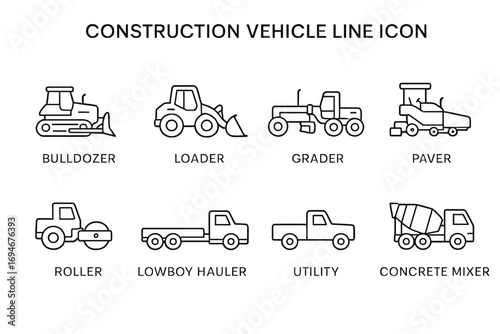 Construction Vehicles Line Icons Set – Bulldozer, Loader, Grader, Paver, Roller, Hauler, Utility Truck and Concrete Mixer