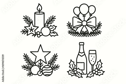 Christmas and New Year Celebration Icons Set – Candle, Decorations, Champagne and Holiday Symbols