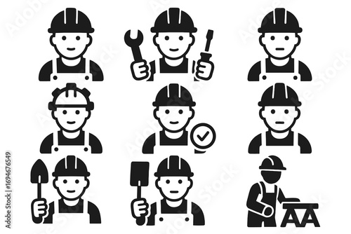Construction Worker Icons Set – Builder, Tools, Engineering and Safety Symbols