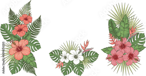 Tropical hibiscus flower arrangement illustration, exotic palm leaves vector, summer floral clipart, jungle bouquet design, botanical island paradise artwork