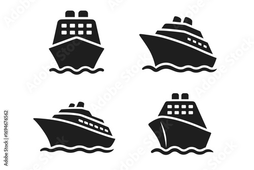 Cruise Ship Icons Set – Passenger Boat, Marine Travel and Ocean Transport Symbols