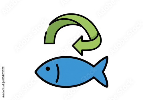 Basic fish icon with recycling arrow above it, flat style, PNG, no shadows