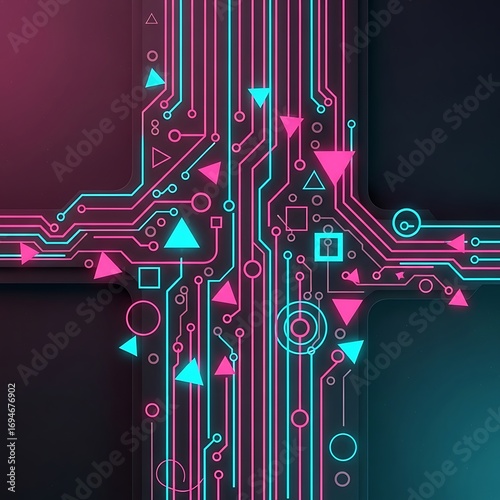 A vibrant, digital circuit board design with neon pink and turquoise lines, geometric shapes, and a dark background, creating a futuristic and dynamic aesthetic.