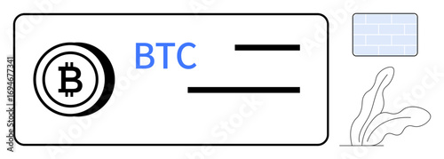 Bitcoin logo with BTC, horizontal lines, blockchain block, and abstract plant. Ideal for cryptocurrency, blockchain, fintech, investment online payment innovation digital technology. Simple flat