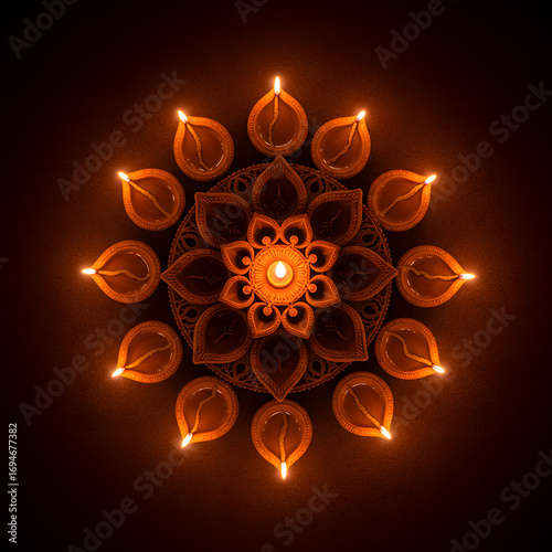 Diwali celebration with glowing traditional oil lamps arranged in a pattern