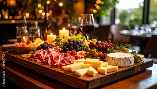 Elegant charcuterie board with wine, cheese, and fruit creates inviting atmosphere