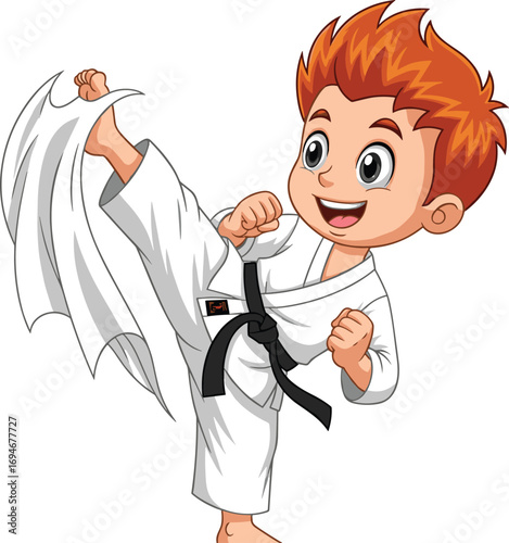 Cartoon Martial Artist Performing High Kick in White Gi with Black Belt Red Hair Confident Pose Dynamic Movement Vector Character Illustration