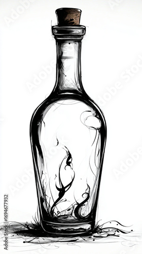 Stylized empty glass bottle with abstract elements, in black and white, representing mystery, essence, or containment with copy space.