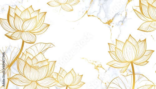Elegant gold lotus flowers on a white marble background