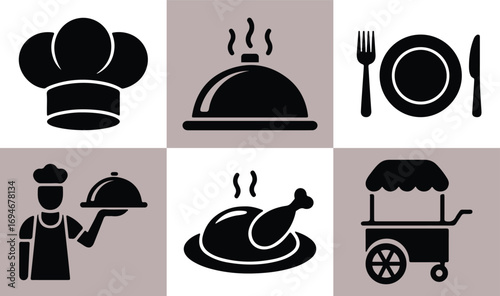 Culinary icons collection, chef hat food platter dining set street food cart, simple black style vector, restaurant and kitchen symbols, cooking design elements