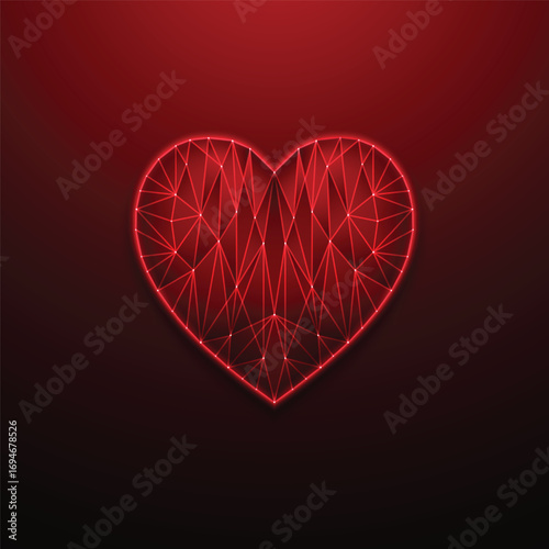 Red polygonal heart with glowing connections on dark background, symbolizing digital love, technology of emotion, and network relationships. Modern futuristic design. Vector EPS10.