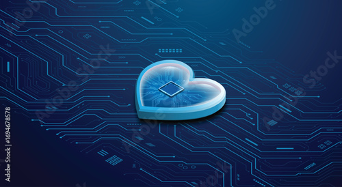 Heart-shaped circuit board with microchip. Symbolizes digital health, AI, and the fusion of technology with biology. Futuristic tech concept. Vector EPS10.